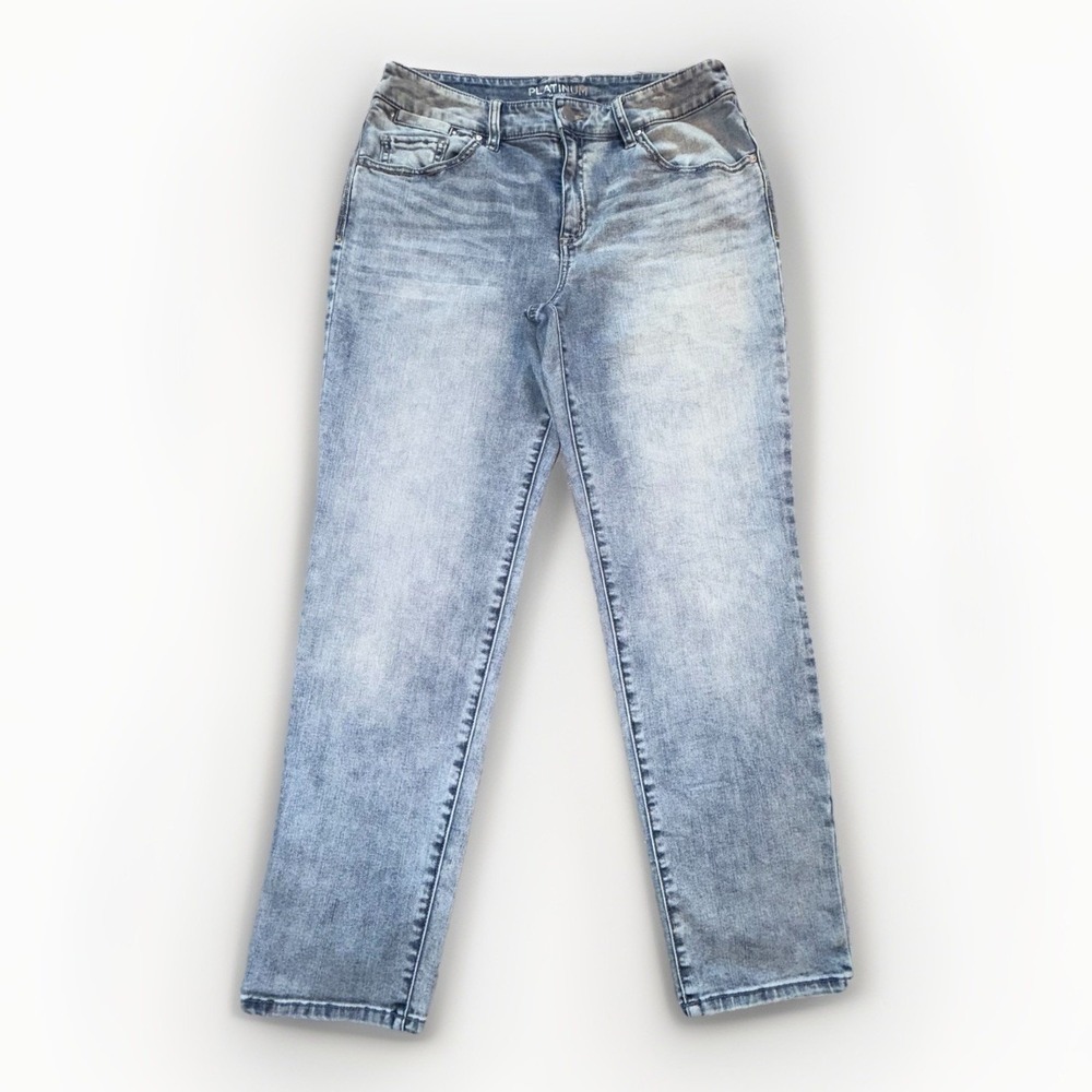 Chico's Platinum Skimmer Jean Stretch Size‎ 6 Straight Leg Crop Blue Acid Wash